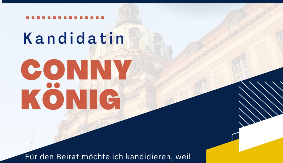 Es ist ein Flyer zu sehen, der zur Wahl zum Beirat für Menschen mit Behinderung aufruft.  Die Kandidatin Conny König stellt Ihre Motivation zur Mitgliedschaft im Beirat dar. 