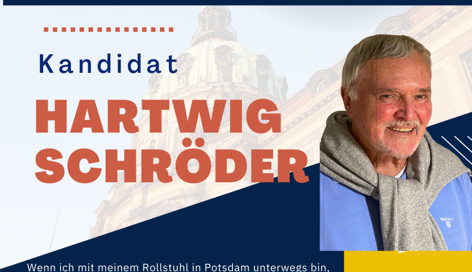 Es ist ein Flyer zu sehen, der zur Wahl zum Beirat für Menschen mit Behinderung aufruft. Der Kandidat Hartwig Schröder ist auf einem Foto zu sehen und stellt seine Motivation zur Mitgliedschaft im Beirat dar. 