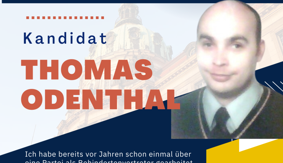 Es ist ein Flyer zu sehen, der zur Wahl zum Beirat für Menschen mit Behinderung aufruft. Der Kandidat Thomas Odenthal ist auf einem Foto zu sehen und stellt seine Motivation zur Mitgliedschaft im Beirat dar.