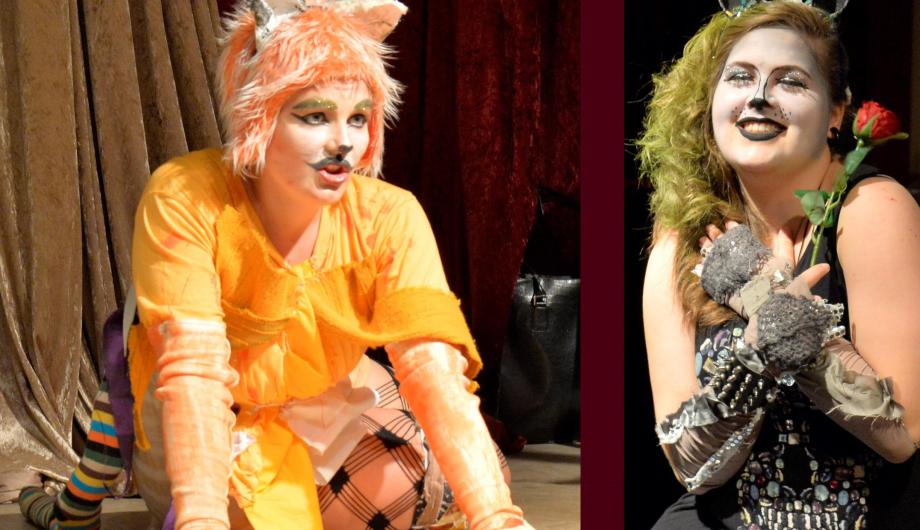 2 Darstellerinnen aus einer Probe für das Musical CATS - mit bunten Katzenkostümen