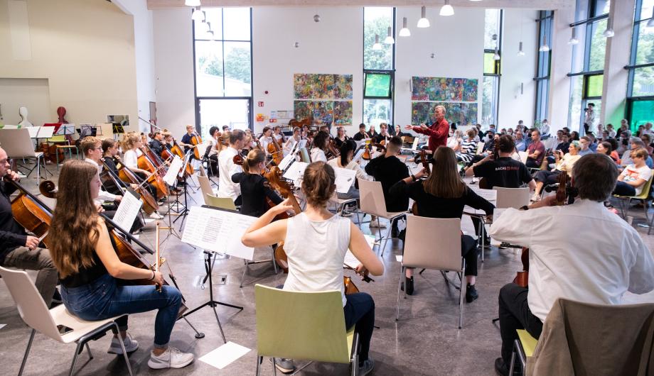 Ein großes Orchester - nur aus Celli - geleitet von einem Dirigenten