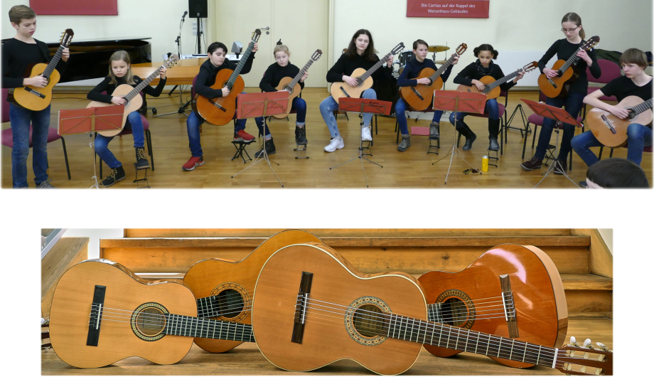 Auf zwei Bildern sehen wir eine größere Besetzung mit Gitarristinnen und Gitarristen im Saal des Großen Waisenhaus und auf einem zweiten Bild 4 Gitarren, schön schimmernd auf einem Holzboden.