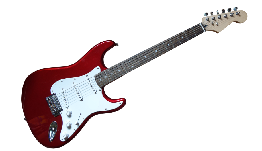 Eine rote E-Gitarre ist abgebildet. Sie hat 3 einzeilige Tonabnehmer. Die Bauweise nennt man Stratocaster.