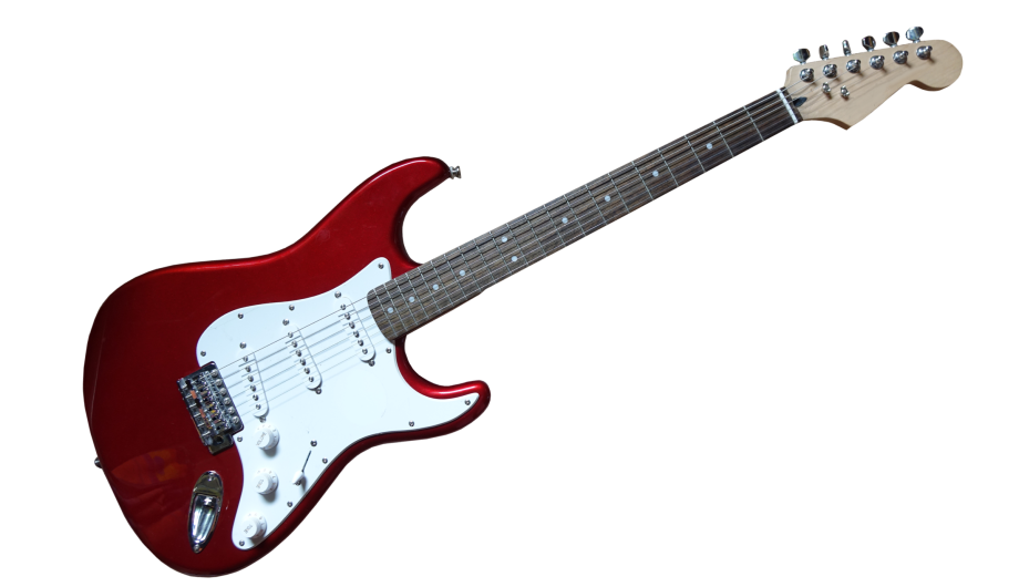 E-Gitarre Eine rote E-Gitarre ist abgebildet. Sie hat 3 einzeilige Tonabnehmer. Die Bauweise nennt man Stratocaster.