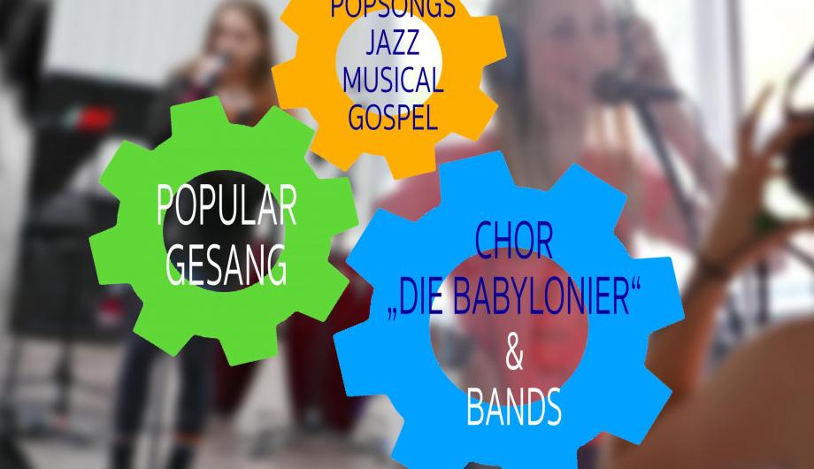 Pop- Gesang an der Städtischen Musikschule Vor unscharfen Bildern von Sängerinnen mit Mikrofon sind 3 Zahnradgrafiken gezeigt. Sie symbolisieren den Weg vom Unterricht in Popgesang über szenisches Spiel zum Gospelchor und zu Bands.