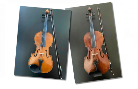 Violine & Viola Zwei Einzelbilder miteiner Violine (Geige) und der baulich größeren Viola (Bratsche)
