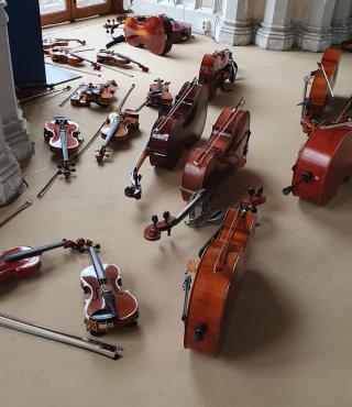 Viele Streichinstrumente liegen sorgfältig angeordnet auf dem Boden eines alten Gemäuers