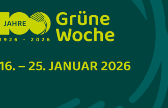 Gelbe Schrift vor grünem Hintergrund: 100. Grüne Woche Berlin 2026