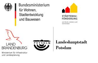 Das Bild zeigt die vier Logos zur Städtebauförderung. Es sind das Logo "Städtebauförderung von Bund, Ländern und Gemeinden", das Logo des "Bundesministeriums für Wohnen, Stadtentwicklung und Bauwesen", das Logo des "Ministeriums für Infrastruktur und Landesplanung" des Landes Brandenburg und das Logo der "Landeshauptstadt Potsdam".