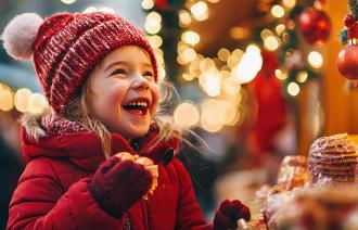 Ein Kind mit roter Mütze steht an einem Weihnachtsmarkt-Stand und staunt.