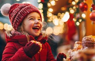 Ein Mädhcen mit roter Mütze und Jacke freut sich beim Anblick von Dingen auf einem Weihnachtsmarkt