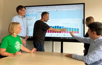 Fünf Personen stehen vor einem digitalen Whiteboard und stellen den Klimamonitor vor.