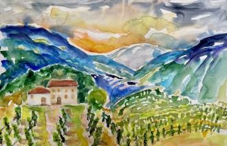 Ein gemaltes Bild von einer italienischen Landschaft.