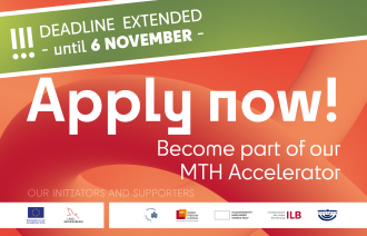 Bewerbungsaufruf auf orangenem Hintergrund mit weißer Logo-Zeile aller Initiatoren und Unterstützer