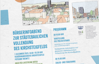 Gezeigt wird ein Flyer, mit dem die Anwohnerinnen und Anwohner des Kirchsteigfeldes über die Info-Veranstaltung am 7. Dezember 2023 informiert werden.