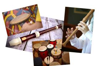 Vier Bilder mit Blockflöten und Percussion-intrumenten sind zu einer bunten Collage zusammengefügt.
