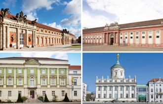 Collage aus Filmmuseum, Potsdam Museum, Naturkundemuseum und Brandenburg Museum
