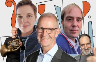 5 Menschen mittleren Alters sind vor buntem Hintergrund in eine Collage zusammengefügt