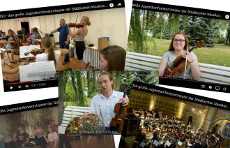 In dieser Collage sehen wir junge Menschen in einem Sinfonieorchester und Szenen einer Probenfahrt.