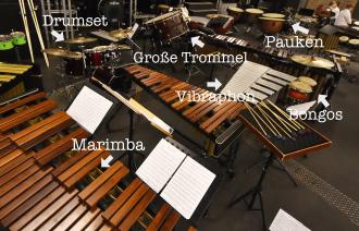 Wir sehen ein buntes Durcheinander von großen Marimbas, Pauken, Becken und Trommeln