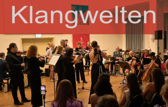 Wir sehen eine Konzertszene. Gut 20 jüngere und ältere Instrumentalist*innen musizieren im Halbkreis im Friedenssaal des großen Waisenhauses