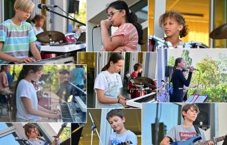 Auf vielen Bildern einer Collage sehen wir Kinder und Jugendliche mit ihrem Pop/Rock-Instrument bei einer Musikschulpräsentation.