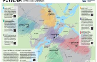 Grafik mit einer Übersichtskarte Potsdams, aus der ersichtlich wird, welche Branchen in Potsdam besonders aktiv sind