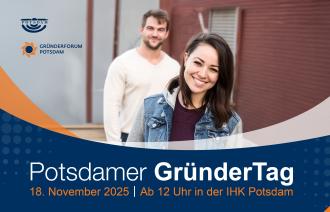 2 Personen lächeln in die Kamera sowie Titel und Veranstaltungsdatum