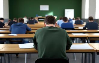 Eine Person sitzt in einem großen Raum und arbeitet an einem Schreitisch an Unterlagen. Die Szene stellt eine Prüfungssituation dar.