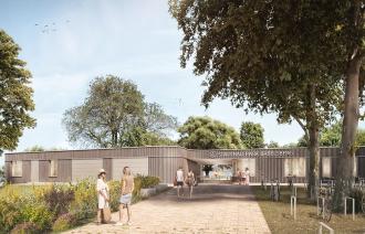 Das Bild zeigt eine Visualisierung des künftigen Eingangs zum Stadtbad Park Babelsberg. 