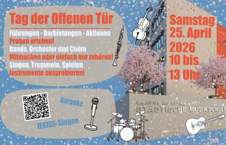 Auf einer frühlingshaften Grafik sind Textelemente sowie das Musikschulgebäude am Stern, fliegende Kirschblüten und gezeichnete Musikinstrumente zu sehen