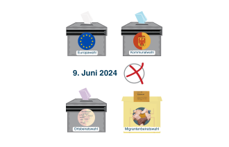 Vier Wahlurnen mit den Bezeichnungen der verschiedenen Wahlen, die am 9. Juni in Potsdam stattfinden