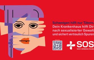 Ausschnitt Plakat "Schweigen hilft nur Tätern." SOS nach Vergewaltigung.