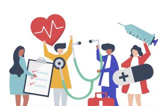Vier animierte Personen halt Icons, die mit dem Thema Gesundheit zusammenhängen.