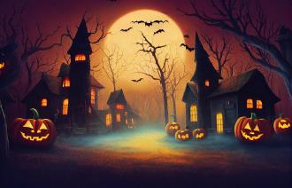 Halloween-Stimmung; schwarze Silhouetten von Kürbisfratzen, Häusern, Bäumen und Vögeln im schummrigen Nachlicht vor großem gelben Mond; schwarz, orange, gelb, etwas bläulich; Zeichnung / Graphik