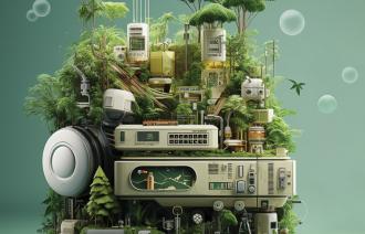 Futuristisches Bild von Medienelementen wie Radio, Köpfhörer etc. vermischt mit Pflanzen und Bäumen