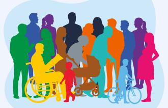 Illustration einer vielfältigen Gruppe von Menschen unterschiedlichen Alters, darunter eine Person im Rollstuhl, eine Person mit Rollator und ein Kind mit Fahrrad.