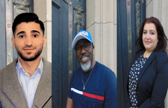 Ali Taher, Chuks-Quinn Chukwuedo und Fereshta Hussein stehen am Eingang des Rathauses. drei Einzelporträts