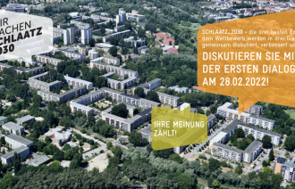 Einladung zum Dialog "Schlaatz 2030" (Luftbild: Falcon Crest)