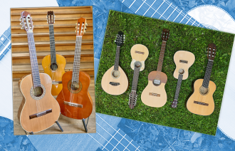 Mehrere Bilder sind hier collagiert - 3 stehende akustische Gitarren vor einer Holztreppe, 6 kleinere Verwandte wie Ukulele und Mandoline liegen auf grünem Rasen und im Hintergrund befinden sich blaugetönte Instruementenkörper.