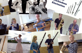 Auf einer Bildcollage sind viele Beispielfotos von Spieler:innen mit Blasinstrumenten kunterbunt durcheinander gewürfelt zu sehen