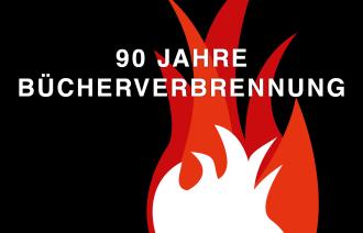 Die Grafik zeig eine rot-Weiße Flamme vor einem schwarzen Hintergrund mit dem Schriftzug: "90 Jahre Bücherverbrennung":