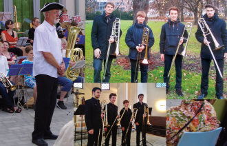 Zu sehen ist eine Collage aus drei Fotos. Auf zweien sehen wir ein Posaunenquartett, vier junge Leute mit Instrumenten auf einer Wiese beziehungsweise in einer Kirche. Auf dem dritten steht Dieter Bethke, ein schlanker rüstiger Senior mit einem lustigen Hut, der eine Ansprache vor einem Publikum hält. Er ist Dieter Bethke.