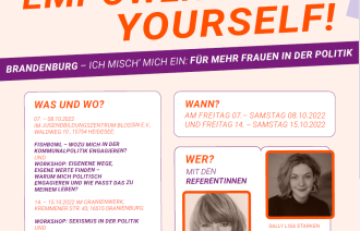 Flyerauschnitt Empowerment Workshop „Brandenburg –ich misch‘ mich ein! Für mehr Frauen in der Politik“