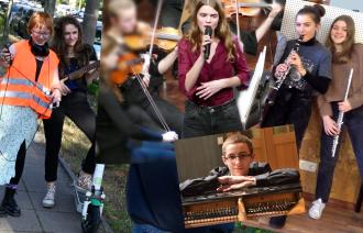 Ein Zusammenschnitt aus verschiedenen Bildern - alle zeigen Jugendliche in musikalischer Aktion mit Klarinetten, vor Orchestern, mit einer E-Gitarre...