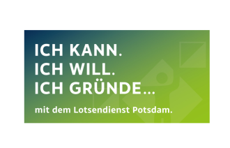 Lotsendienst Claim "Ich kann, ich will, ich gründe" auf blau-gründem Hintergrund