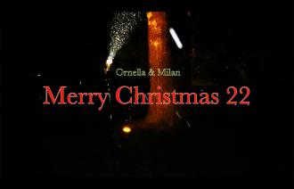 Im Hintergrund leuchtet ein Strahler durch Schnee auf einen Baum - ein Titel ist zu lesen: Milan & Ornella - Merry Christmas 22