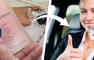Der Slider zeigt das Bild eines alten Papierführerscheins und das Bild einer Frau, die den neuen EU-einheitlichen Kartenführerschein hochhält.