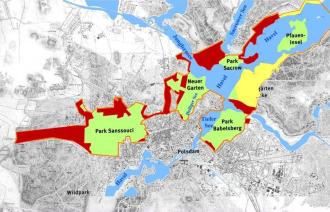 Trägerschaft der Welterberstätte, rot: Landeshauptstadt Potsdam, grün: SPSG, gelb: Bezirksämter Berlin Spandau und Steglitz-Zehlendorf (Grundlage: Verschönerungsplan von Potsdam und Umgebung, Peter Joseph Lenné, Lithographie von G. Koeber, 1833)