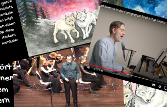 In einer Collage sehen wir ein gemaltes Bild mit zwei weißen Wölfen in einem Wald, einen Sänger am Klavier und einen Sänger vor einem Orchester stehend.